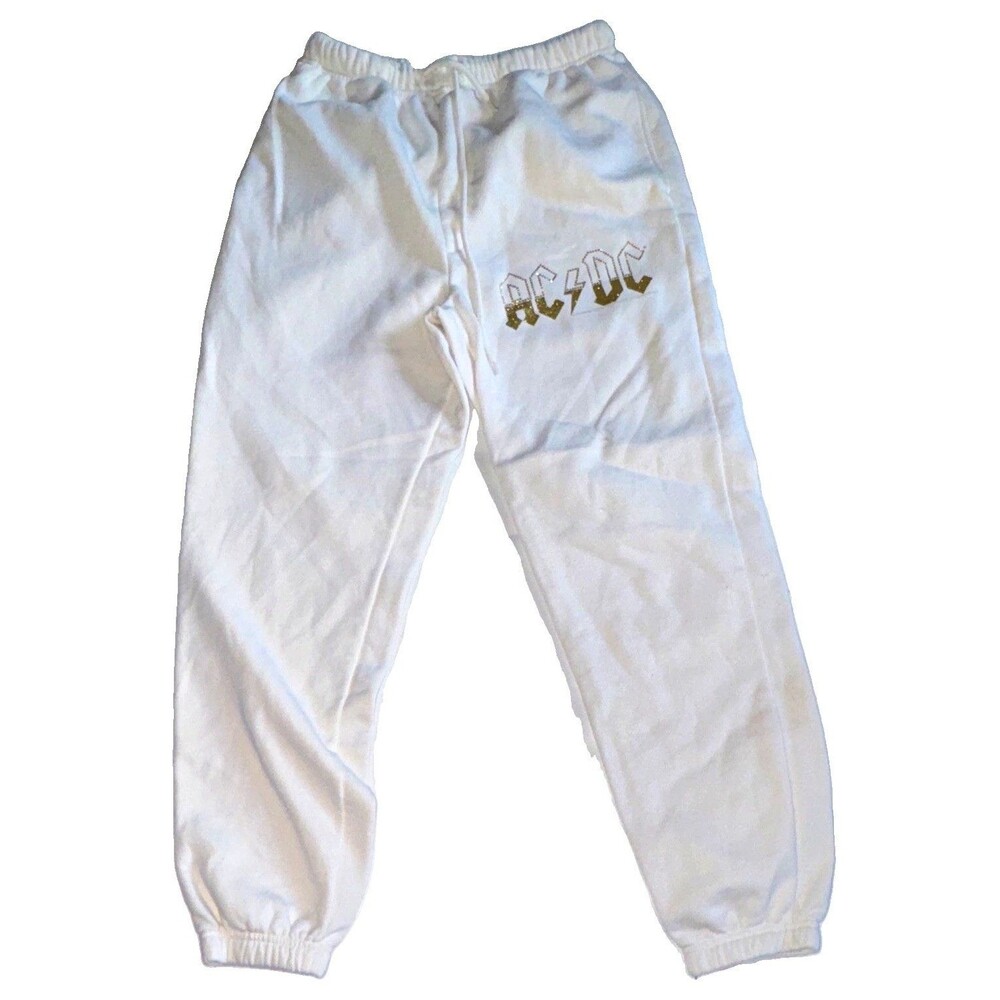 Vinyl Icons AC/DC Logo White Gold Glitter Fleece Jogger Sweatpants Womens L